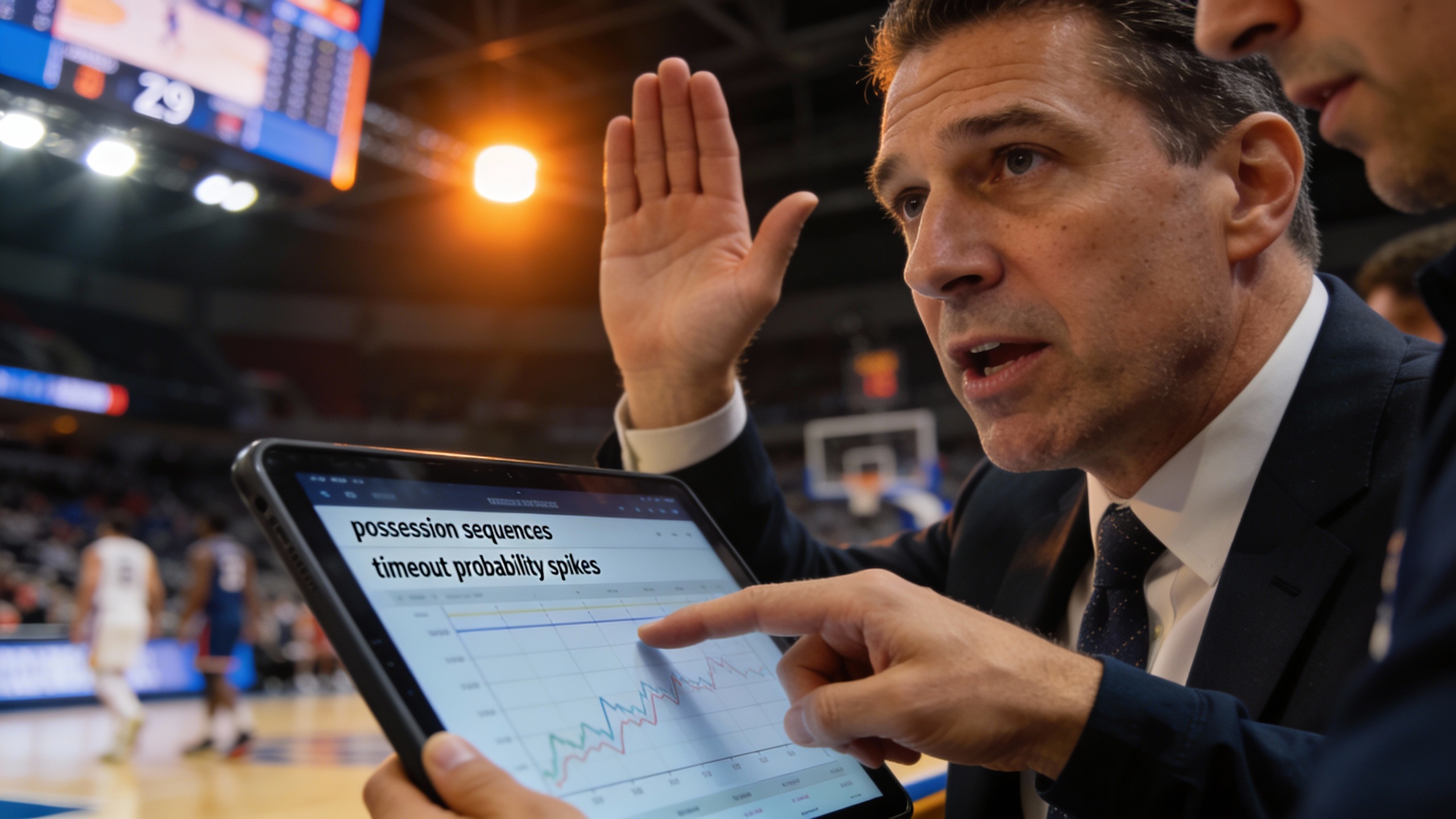 Basketball coach signaling a timeout while reviewing drive and next-point probabilities on a tablet, illustrating how pay per head guides microbetting decisions