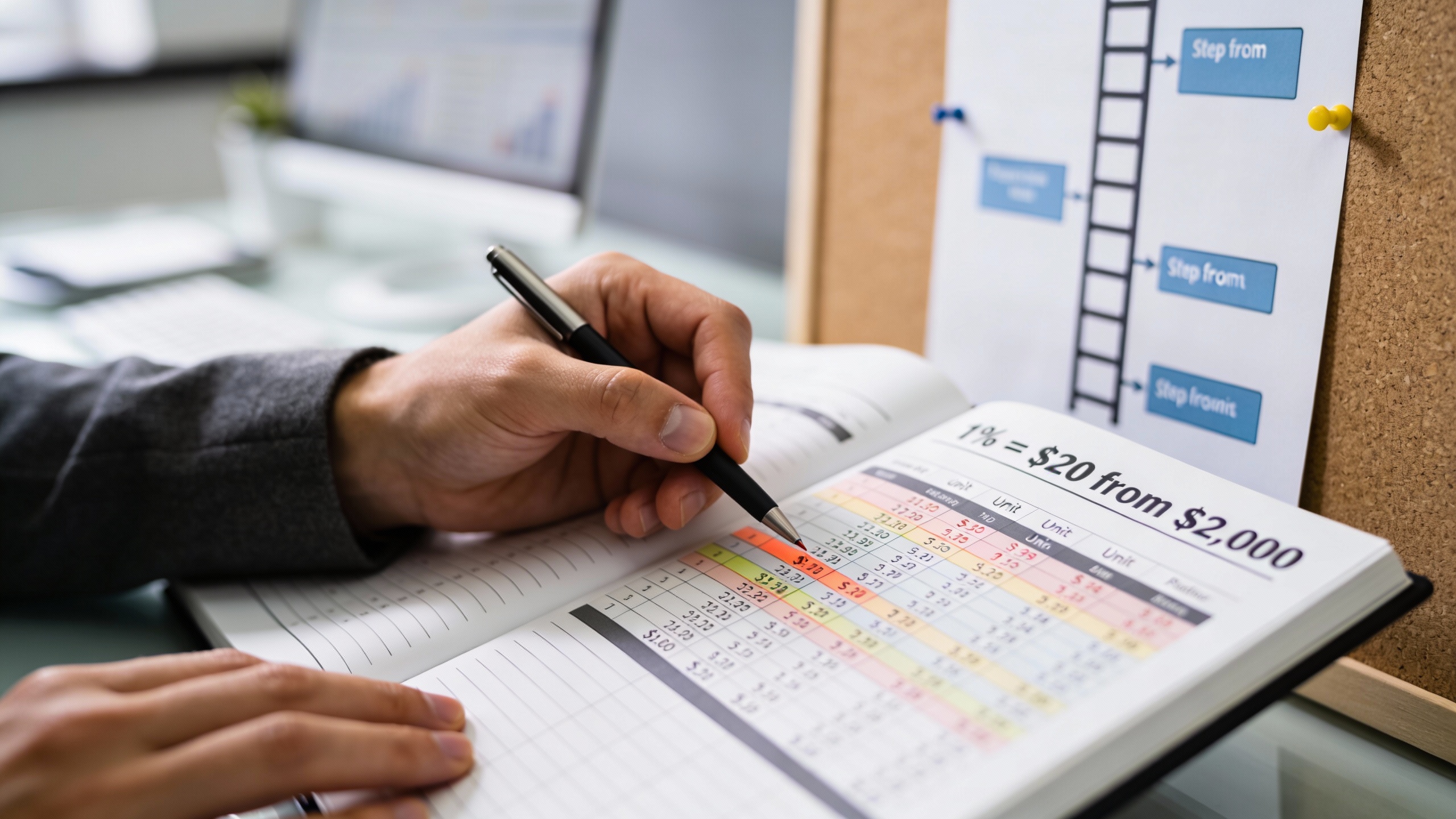Close-up of a ledger showing unit sizing examples and ladder steps for beginners, useful for ABCperHead.com users learning affordable PPH solutions