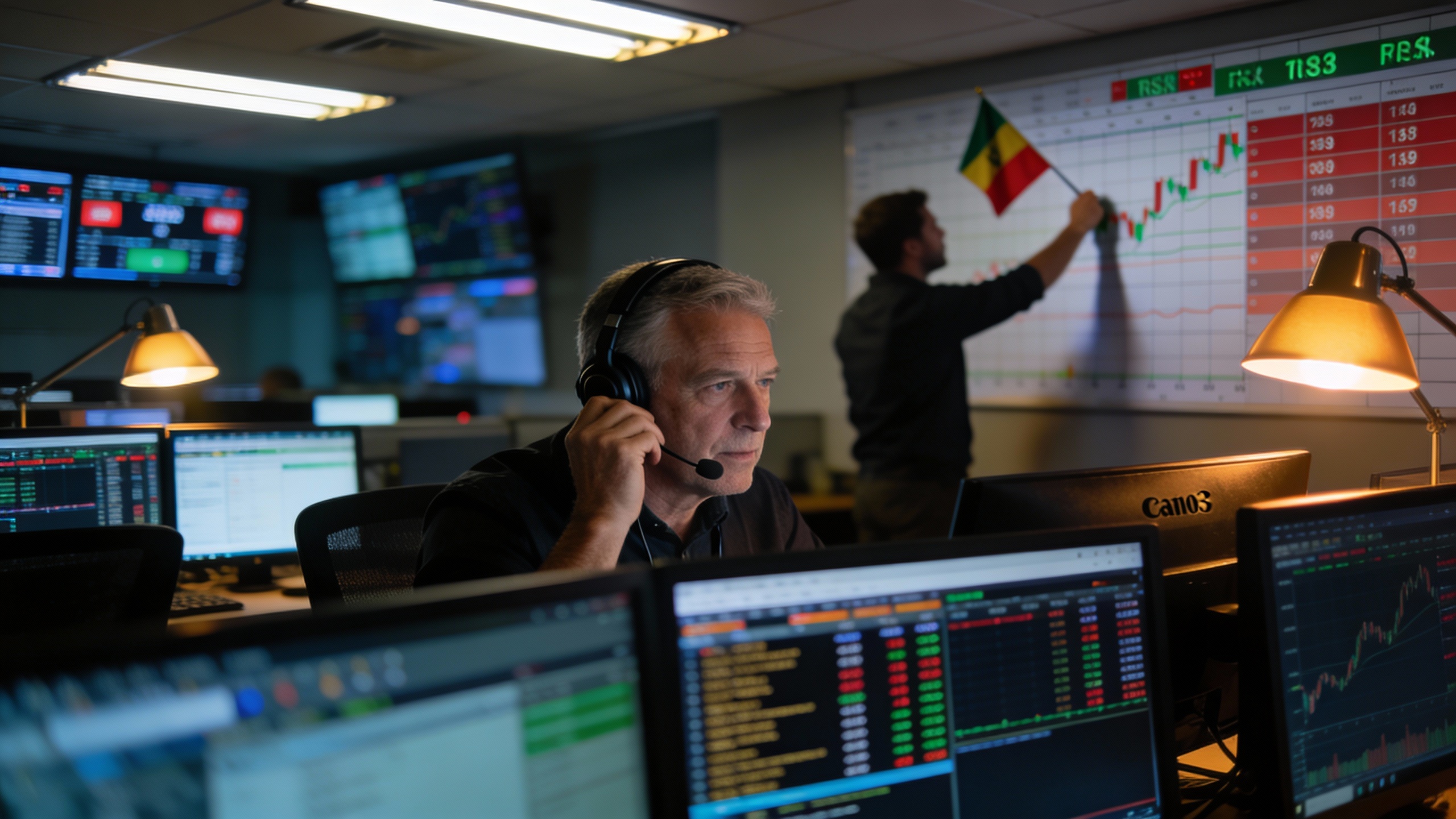 Senior sportsbook trader adjusting live spreads on a heatmap wall to manage pricing and latency risks, demonstrating sportsbook management software in action