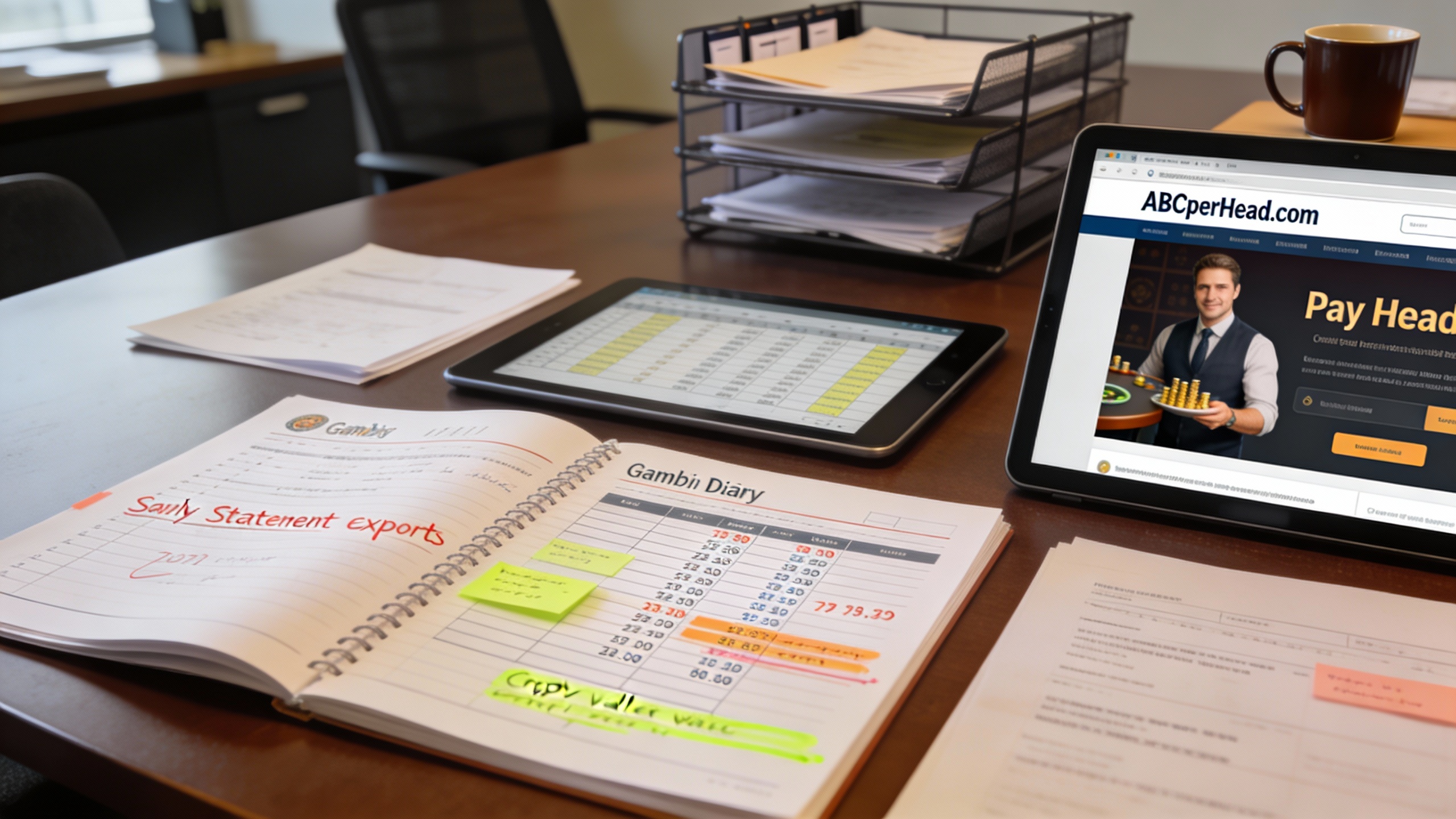 Organized desk with gambling diary, annotated monthly exports, crypto transaction logs and ABCperHead.com pay per head features displayed on a tablet, illustrating record-keeping best practices