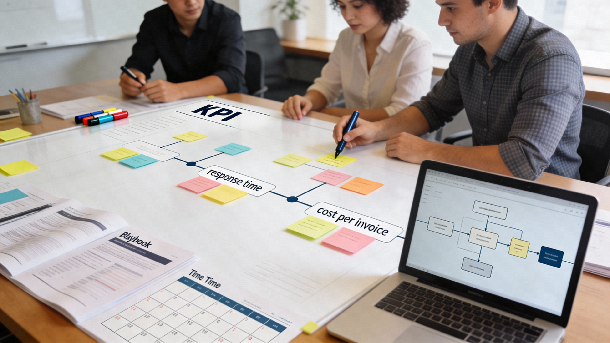 Cross-functional team mapping a 30-day implementation playbook with clear KPIs and process maps