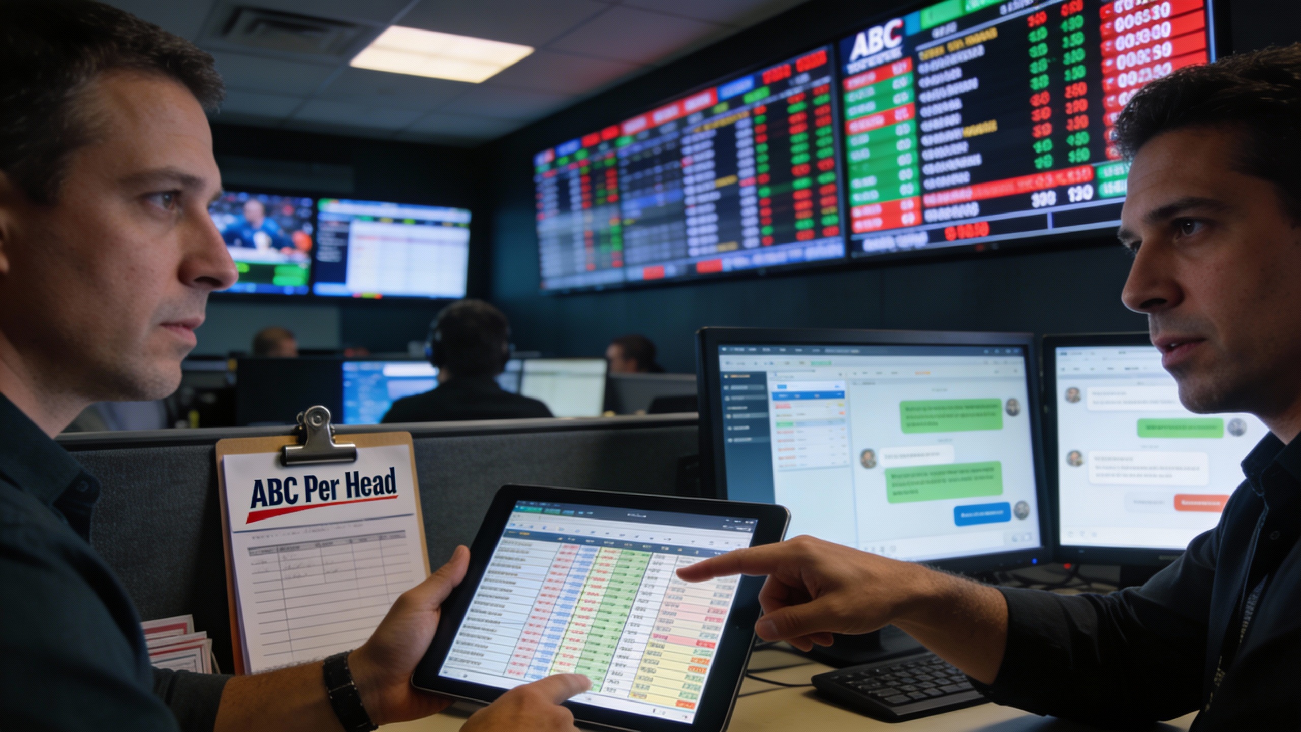 Sportsbook operations team managing fast-moving in-house lines and live betting tools with ABC Per Head reference
